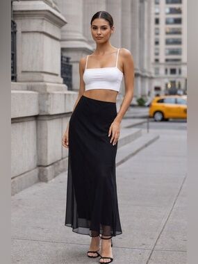 Lioness Devon Maxi Skirt Black Sheer Overlay Size S NWT Slip Skirt 42” Length